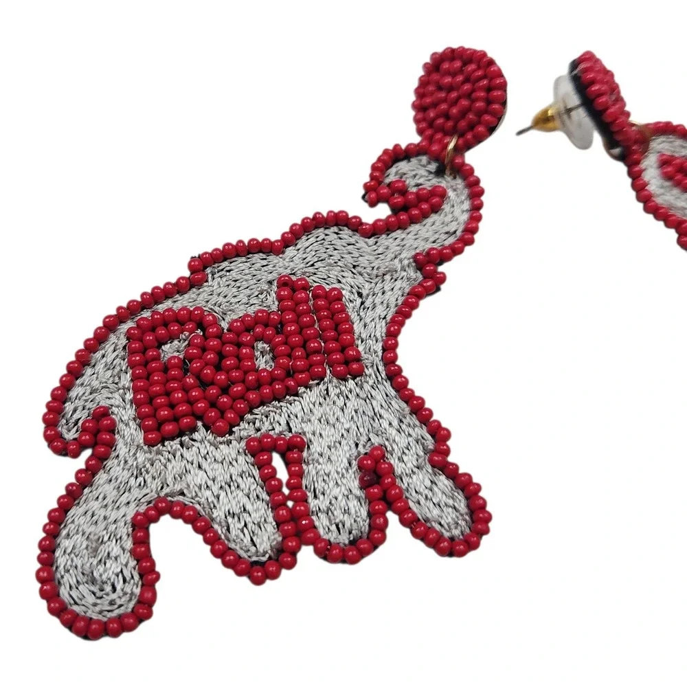 University of Alabama Roll Tide Beaded Elephant Dangle Earrings Red White Gray‎